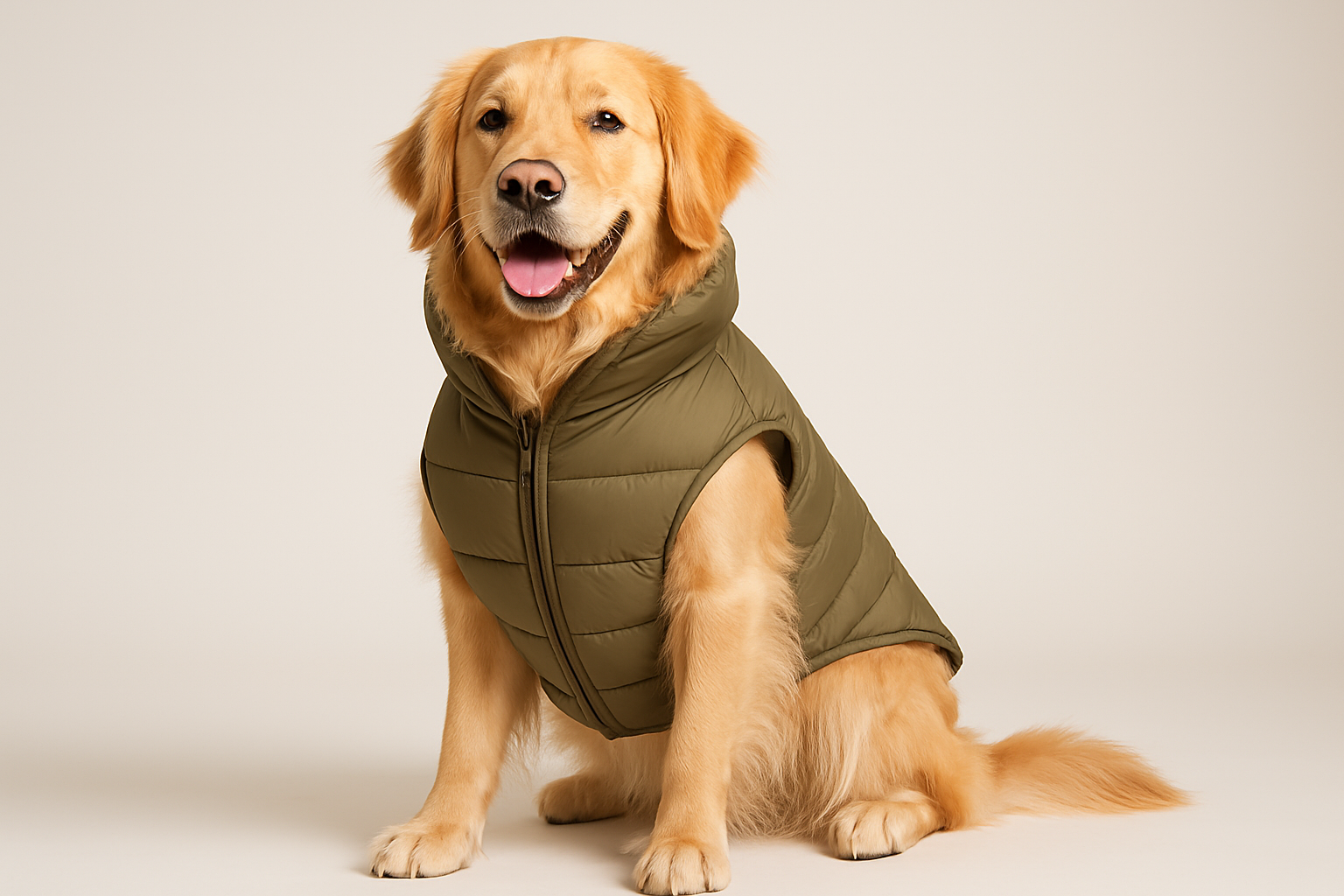can you create a photo of a golden retriever wearing a puffer coat, the one I am selling.